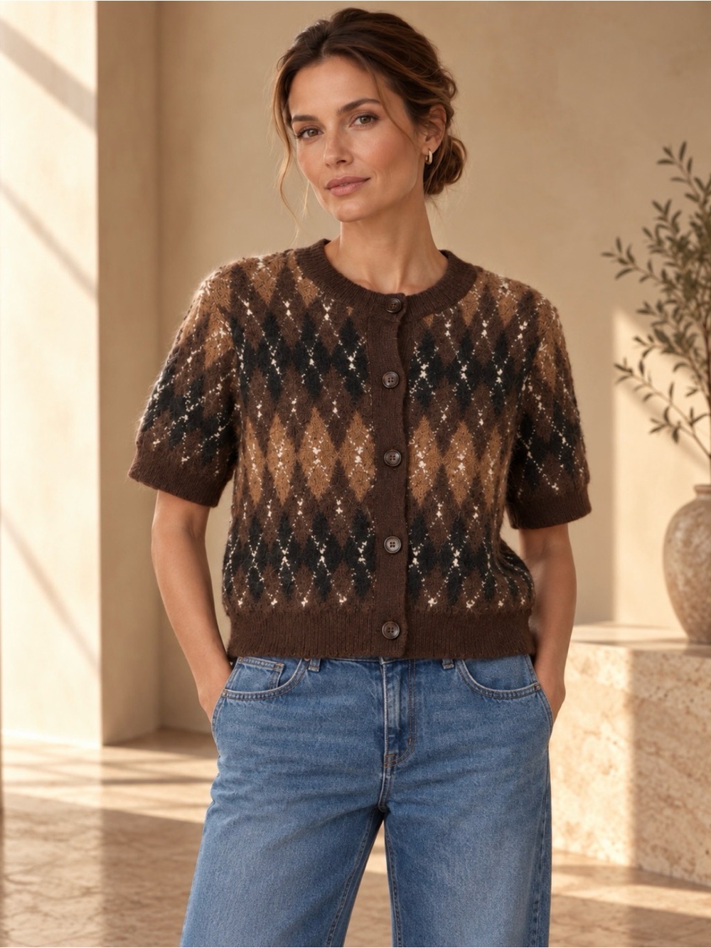 NWT Zara Argyle Short Sleeve Fuzzy Knit Cardigan Brown Size M